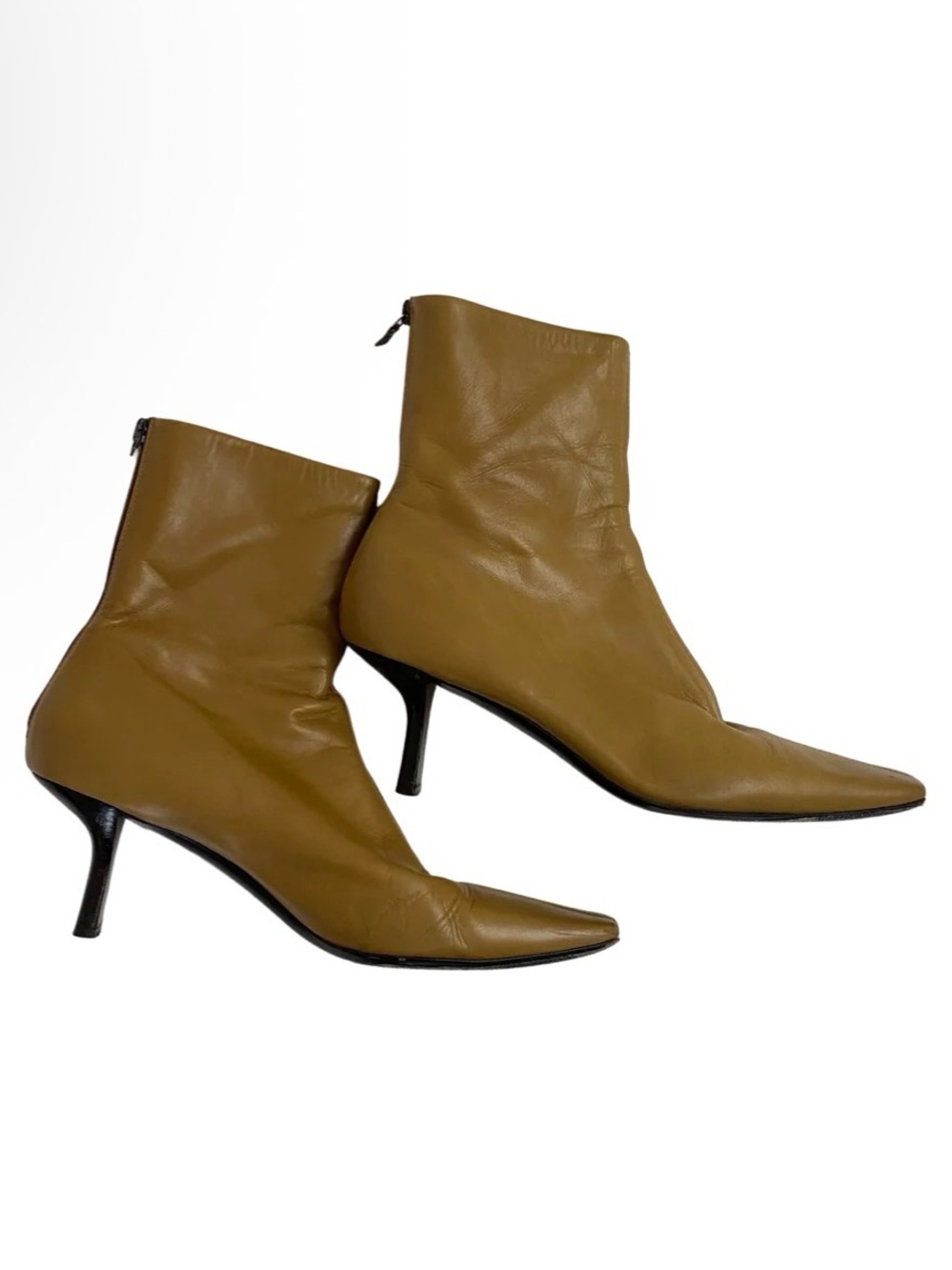 Authentic PRADA Ochre Tan Leather Square Toe Kitten Heel Ankle Boots